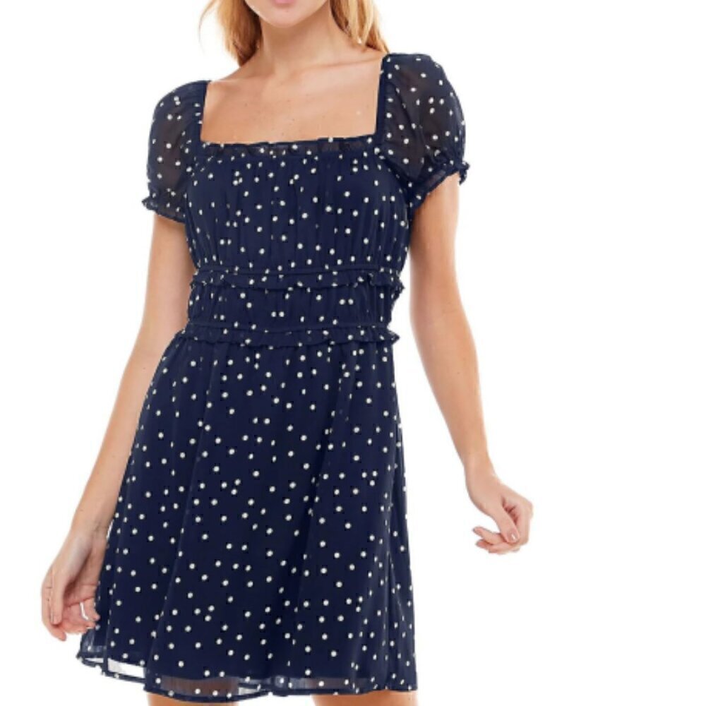 Trixxi SZ XL Black & white polka dot dress peasant neckline smocking puff sleeve